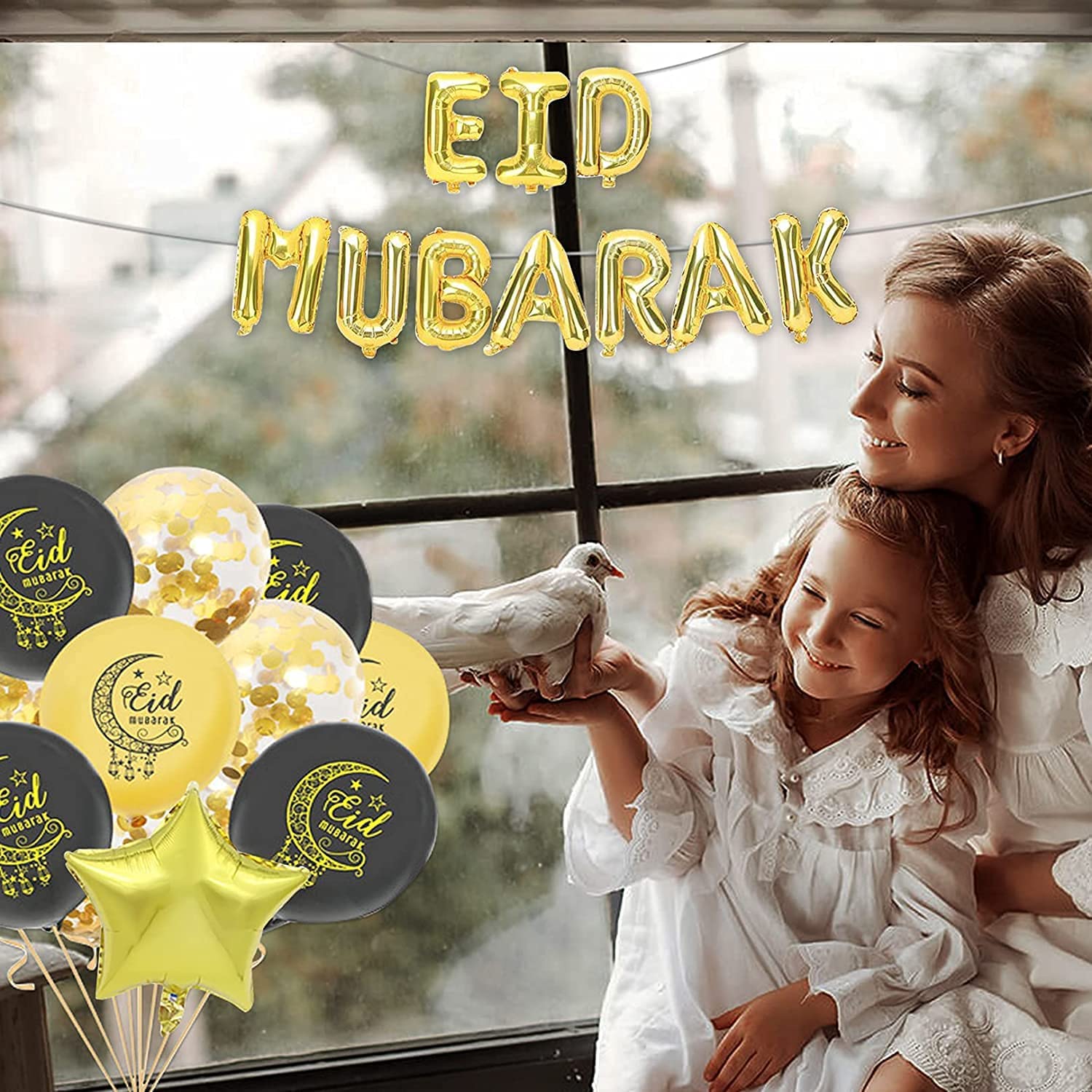 Eid Mubarak Decorations Set (2 Inch Eid Mubarak Latex Balloons+Eid Mubarak Foil Balloons)