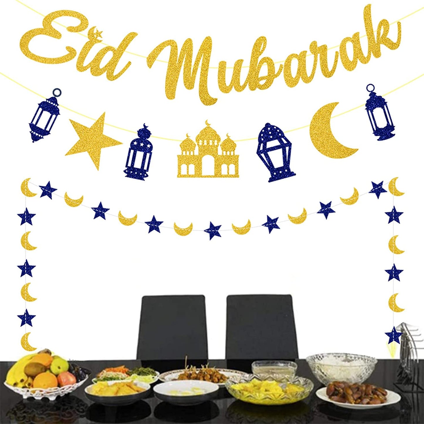 3Pack Eid Mubarak Decorations (1x Eid Mubarak Garland, 1x Gold Eid Mubarak Banner, Eid Mubarak Moon Star Banner)
