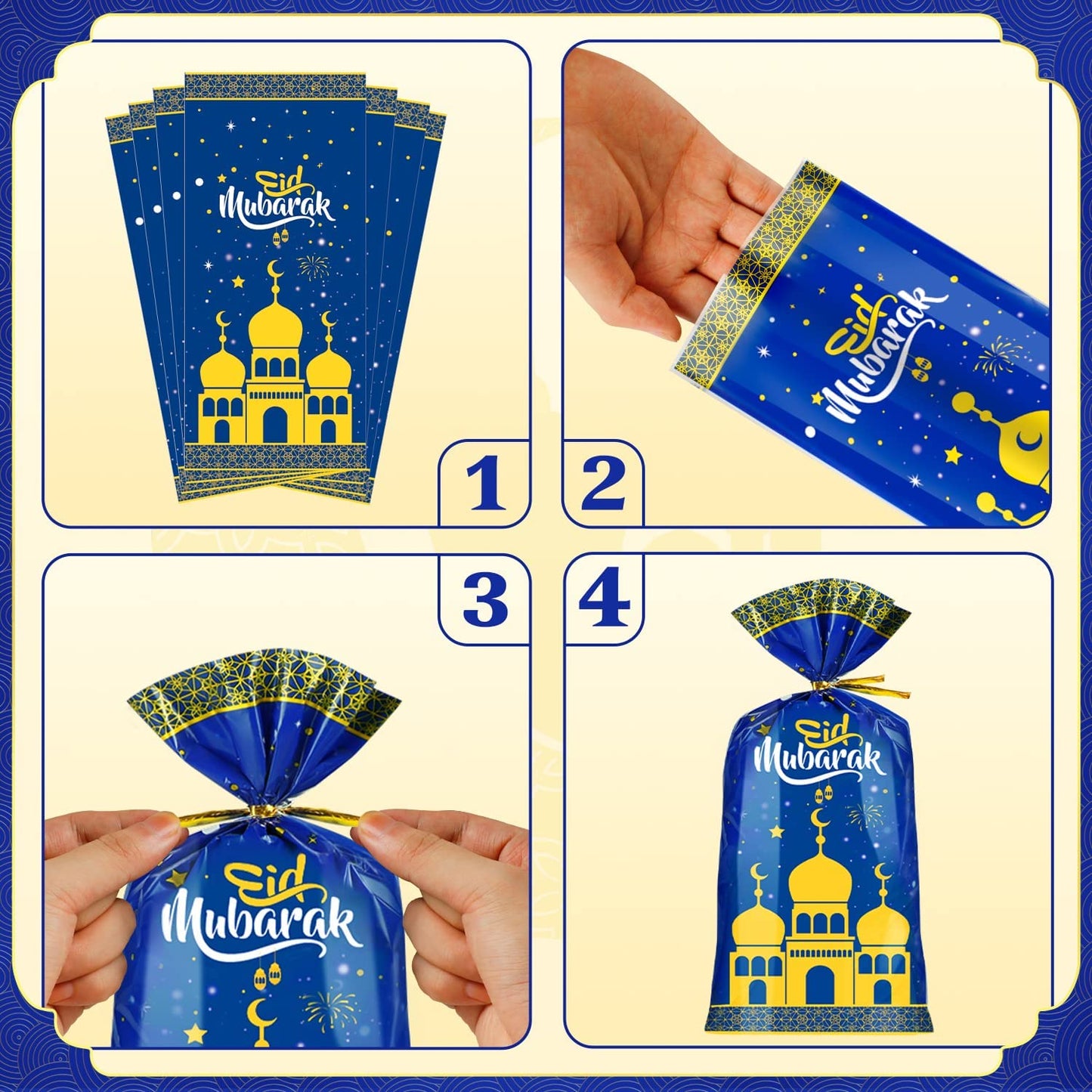 120 Pieces Eid Mubarak Party Treat Bags, Ramadan Gifts Bags for Kids, Eid Goodie Bags Halal Chocolate Dates Sweet Bag Eid Favours Presents Cellophane for Women Family Men Girls(2 Patterns with Ties)