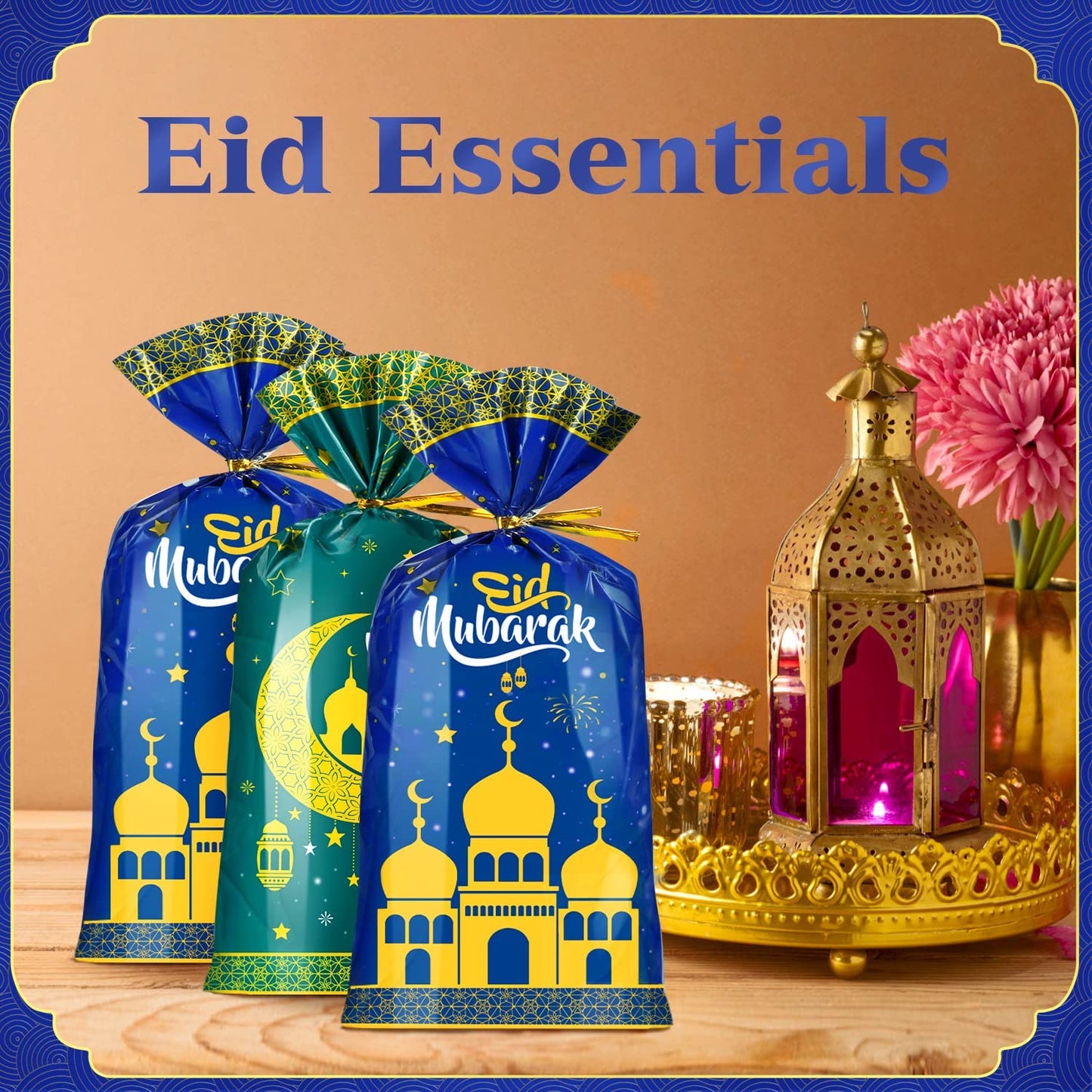 120 Pieces Eid Mubarak Party Treat Bags, Ramadan Gifts Bags for Kids, Eid Goodie Bags Halal Chocolate Dates Sweet Bag Eid Favours Presents Cellophane for Women Family Men Girls(2 Patterns with Ties)