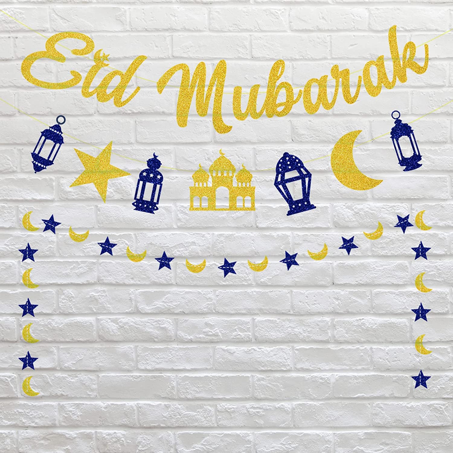 3Pack Eid Mubarak Decorations (1x Eid Mubarak Garland, 1x Gold Eid Mubarak Banner, Eid Mubarak Moon Star Banner)